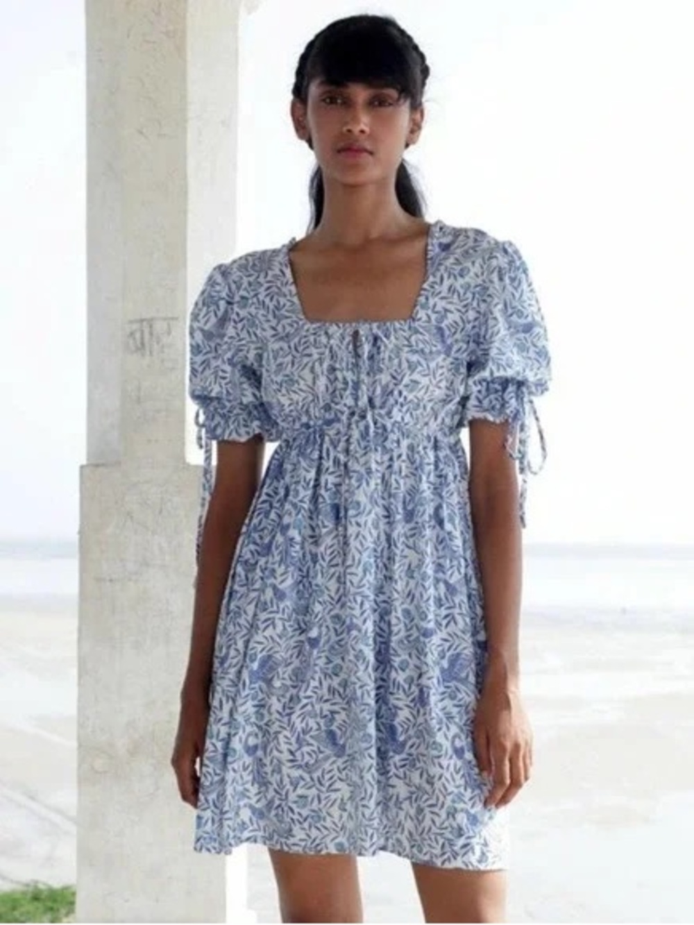 Banjanan Jardín Blue Delph Floral Bird Block Print Puff Sleeve Mini Dress Medium